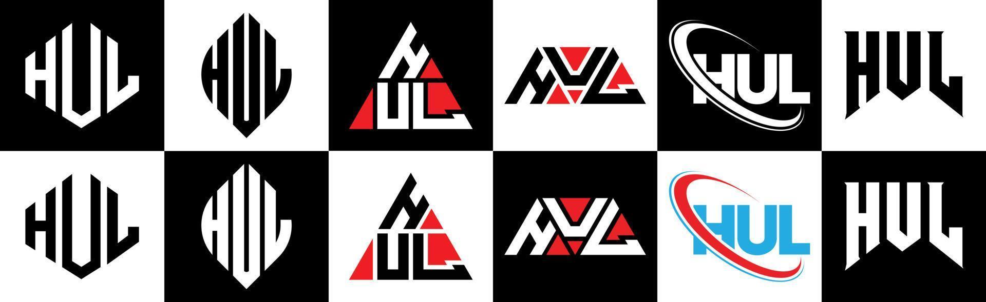 HUL letter logo design in six style. HUL polygon, circle, triangle, hexagon, flat and simple style with black and white color variation letter logo set in one artboard. HUL minimalist and classic logo vector