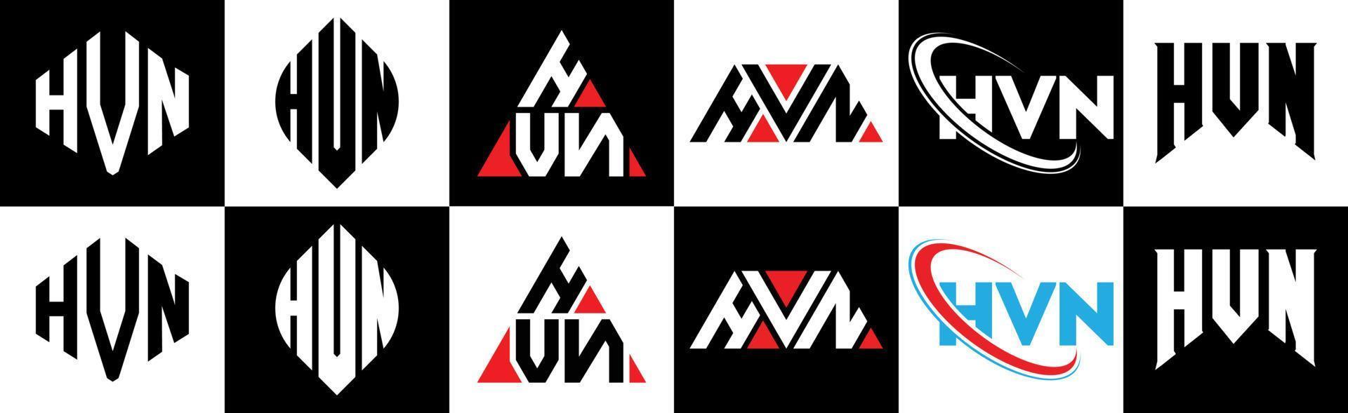 HVN letter logo design in six style. HVN polygon, circle, triangle, hexagon, flat and simple style with black and white color variation letter logo set in one artboard. HVN minimalist and classic logo vector