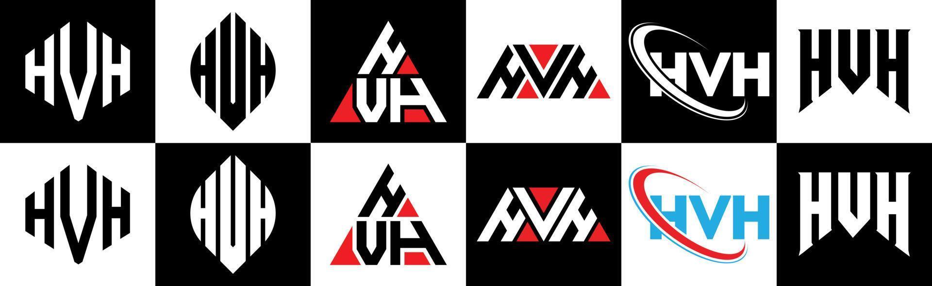 diseño de logotipo de letra hvh en seis estilos. hvh polígono, círculo, triángulo, hexágono, estilo plano y simple con logotipo de letra de variación de color blanco y negro en una mesa de trabajo. logotipo minimalista y clásico de hvh vector