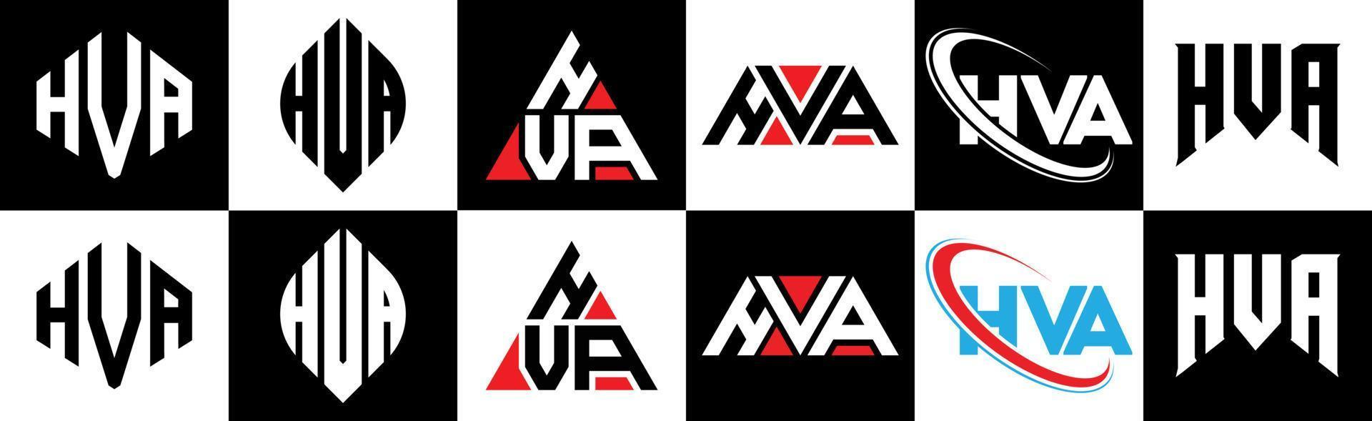 diseño de logotipo de letra hva en seis estilos. polígono hva, círculo, triángulo, hexágono, estilo plano y simple con logotipo de letra de variación de color blanco y negro en una mesa de trabajo. logotipo minimalista y clásico de hva vector