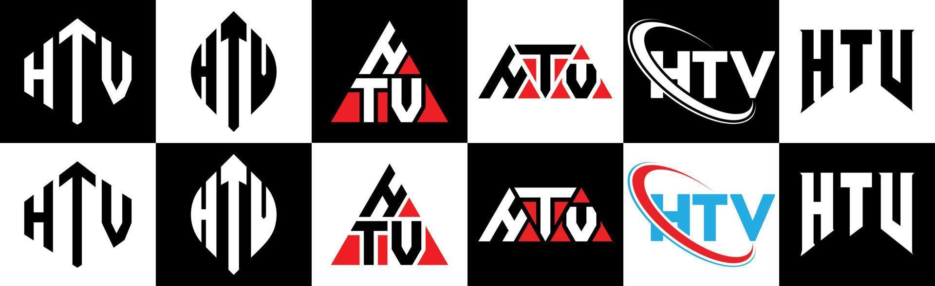 HTV letter logo design in six style. HTV polygon, circle, triangle, hexagon, flat and simple style with black and white color variation letter logo set in one artboard. HTV minimalist and classic logo vector