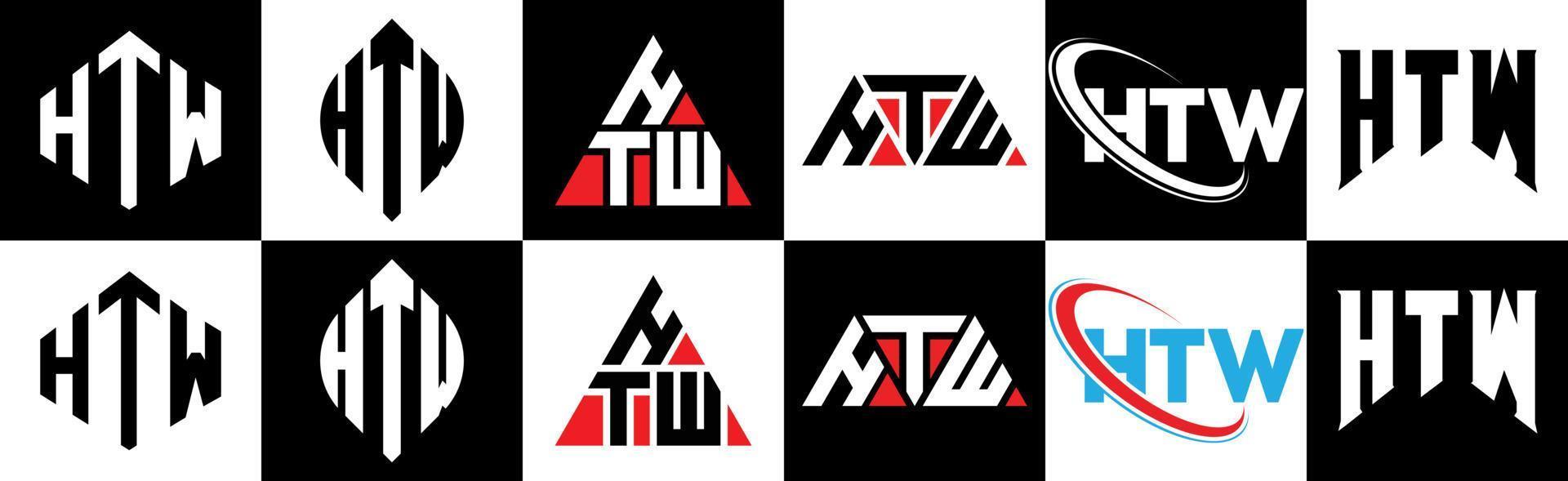 diseño de logotipo de letra htw en seis estilos. htw polígono, círculo, triángulo, hexágono, estilo plano y simple con logotipo de letra de variación de color blanco y negro en una mesa de trabajo. htw logotipo minimalista y clásico vector