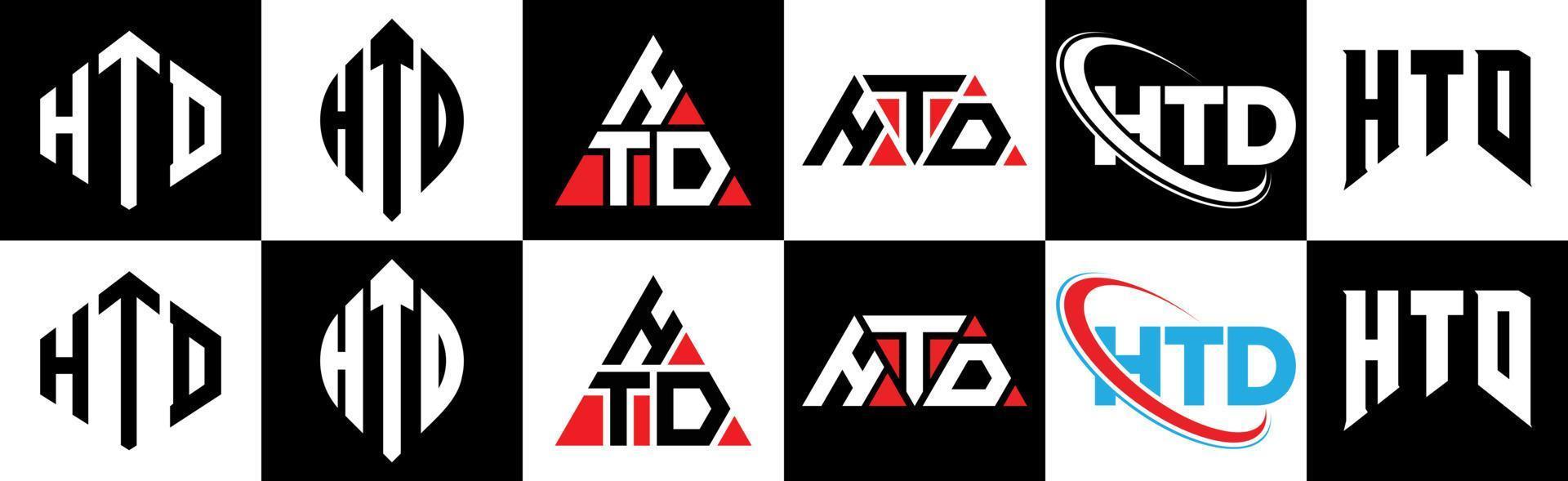 HTD letter logo design in six style. HTD polygon, circle, triangle, hexagon, flat and simple style with black and white color variation letter logo set in one artboard. HTD minimalist and classic logo vector