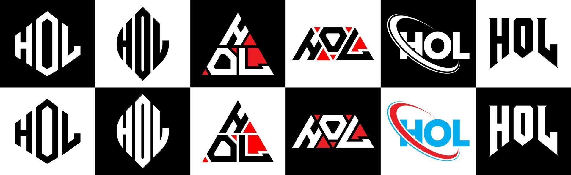 diseño del logotipo de la letra hol en seis estilos. hol polígono, círculo, triángulo, hexágono, estilo plano y simple con logotipo de letra de variación de color blanco y negro en una mesa de trabajo. logotipo minimalista y clásico de hol vector