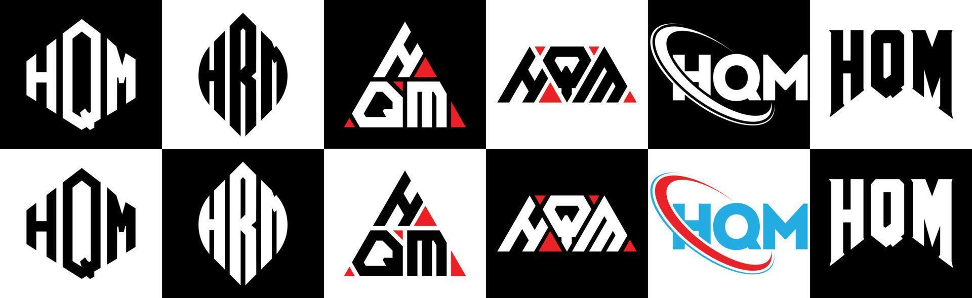 HQM letter logo design in six style. HQM polygon, circle, triangle, hexagon, flat and simple style with black and white color variation letter logo set in one artboard. HQM minimalist and classic logo vector