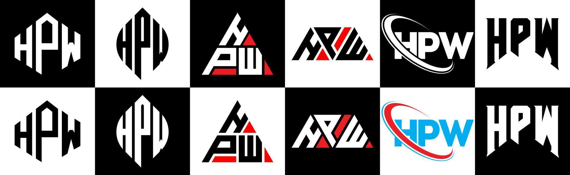 HPW letter logo design in six style. HPW polygon, circle, triangle, hexagon, flat and simple style with black and white color variation letter logo set in one artboard. HPW minimalist and classic logo vector