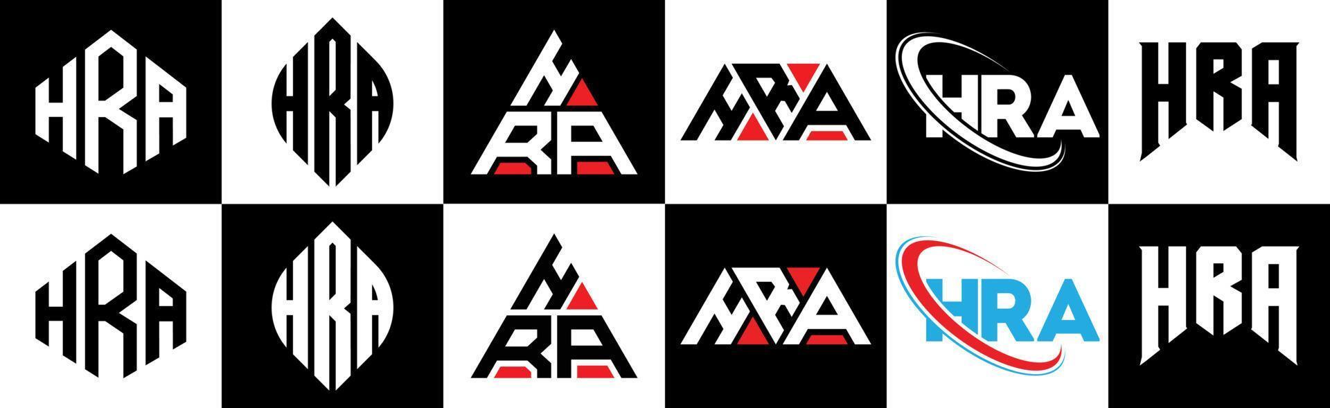 HRA letter logo design in six style. HRA polygon, circle, triangle, hexagon, flat and simple style with black and white color variation letter logo set in one artboard. HRA minimalist and classic logo vector