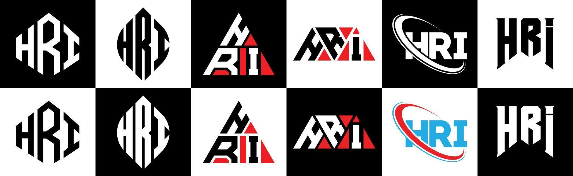 diseño de logotipo de letra hri en seis estilos. hri polígono, círculo, triángulo, hexágono, estilo plano y simple con logotipo de letra de variación de color blanco y negro en una mesa de trabajo. logotipo minimalista y clásico de hri vector