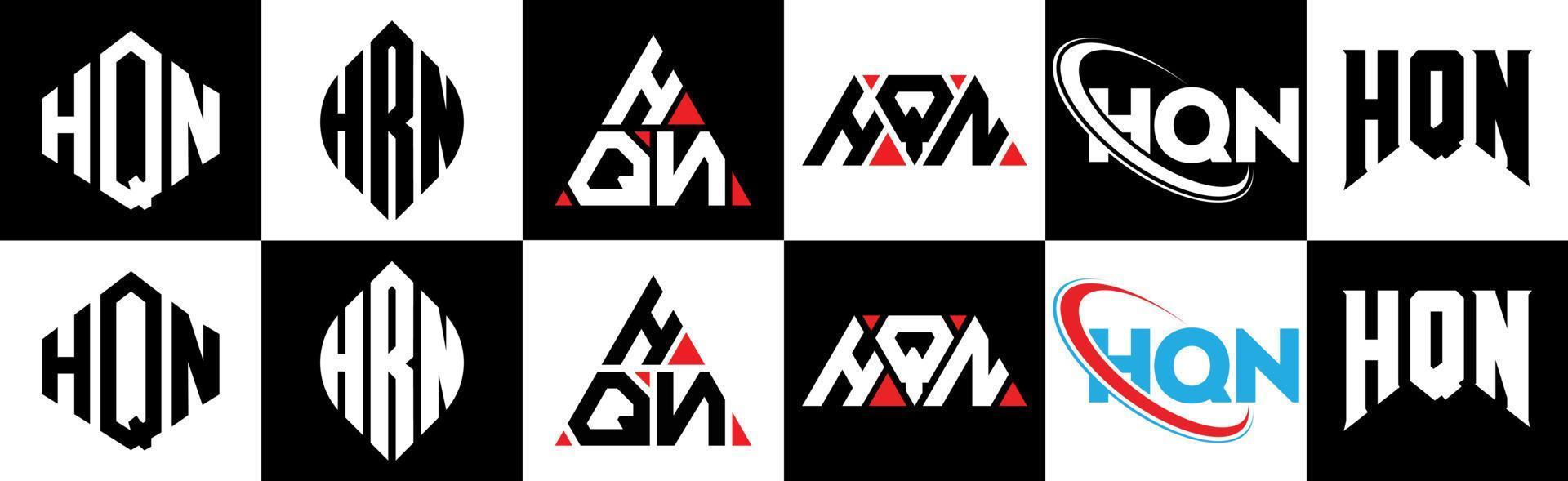 HQN letter logo design in six style. HQN polygon, circle, triangle, hexagon, flat and simple style with black and white color variation letter logo set in one artboard. HQN minimalist and classic logo vector