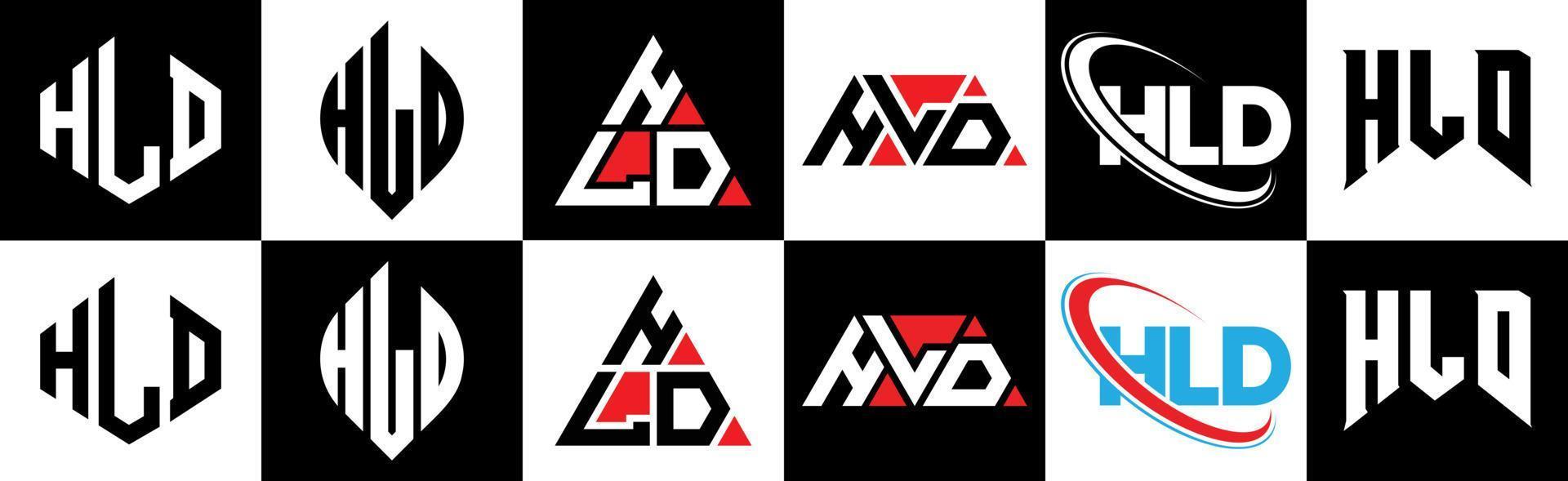 HLD letter logo design in six style. HLD polygon, circle, triangle, hexagon, flat and simple style with black and white color variation letter logo set in one artboard. HLD minimalist and classic logo vector