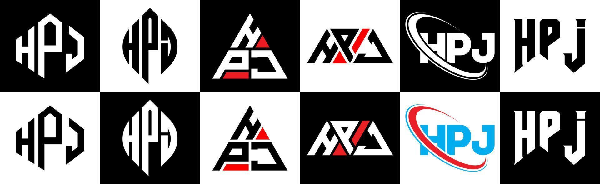HPJ letter logo design in six style. HPJ polygon, circle, triangle, hexagon, flat and simple style with black and white color variation letter logo set in one artboard. HPJ minimalist and classic logo vector