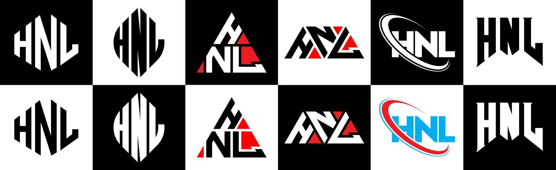 HNL letter logo design in six style. HNL polygon, circle, triangle, hexagon, flat and simple style with black and white color variation letter logo set in one artboard. HNL minimalist and classic logo vector