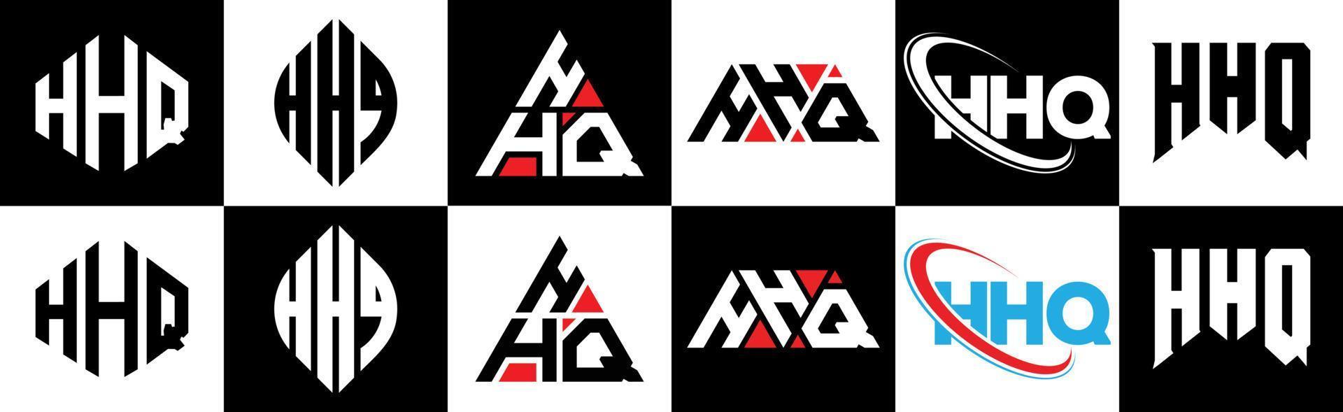 HHQ letter logo design in six style. HHQ polygon, circle, triangle, hexagon, flat and simple style with black and white color variation letter logo set in one artboard. HHQ minimalist and classic logo vector