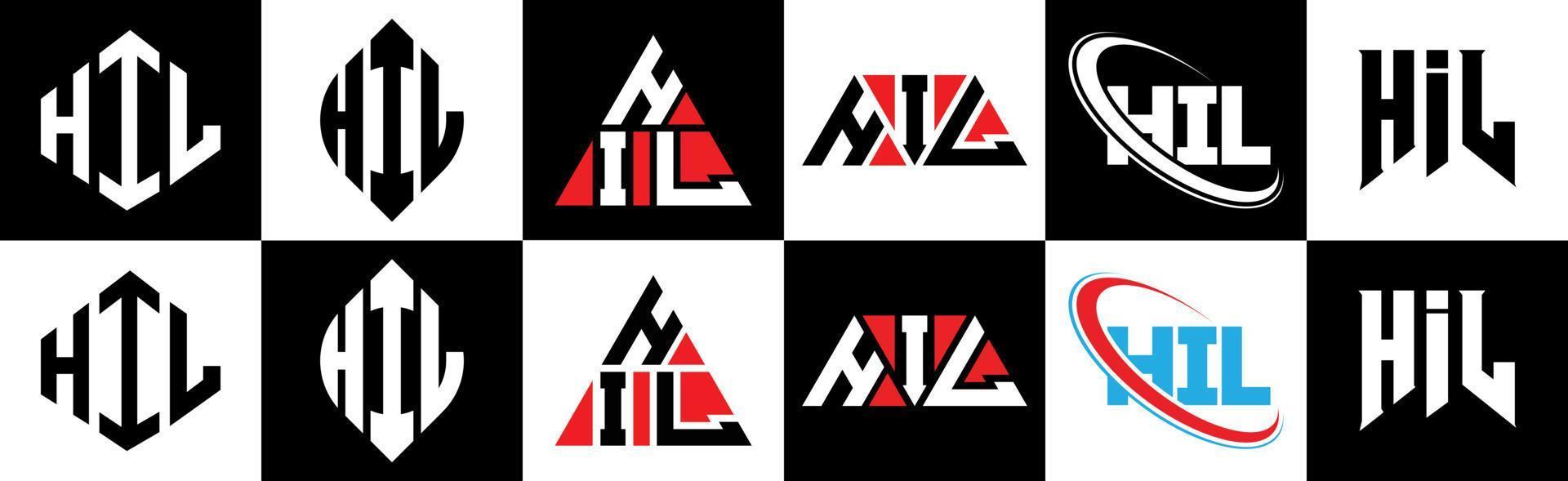 HIL letter logo design in six style. HIL polygon, circle, triangle, hexagon, flat and simple style with black and white color variation letter logo set in one artboard. HIL minimalist and classic logo vector