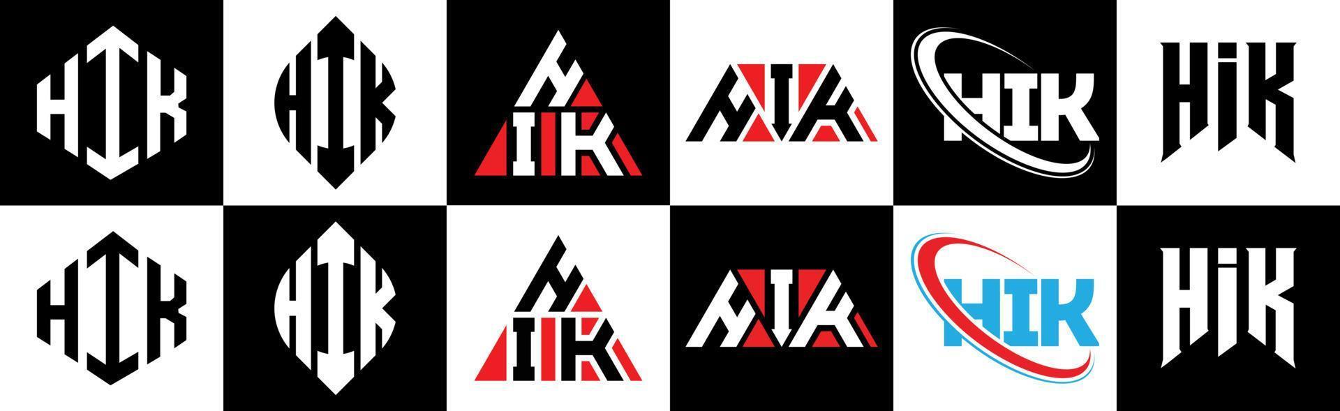 HIK letter logo design in six style. HIK polygon, circle, triangle, hexagon, flat and simple style with black and white color variation letter logo set in one artboard. HIK minimalist and classic logo vector