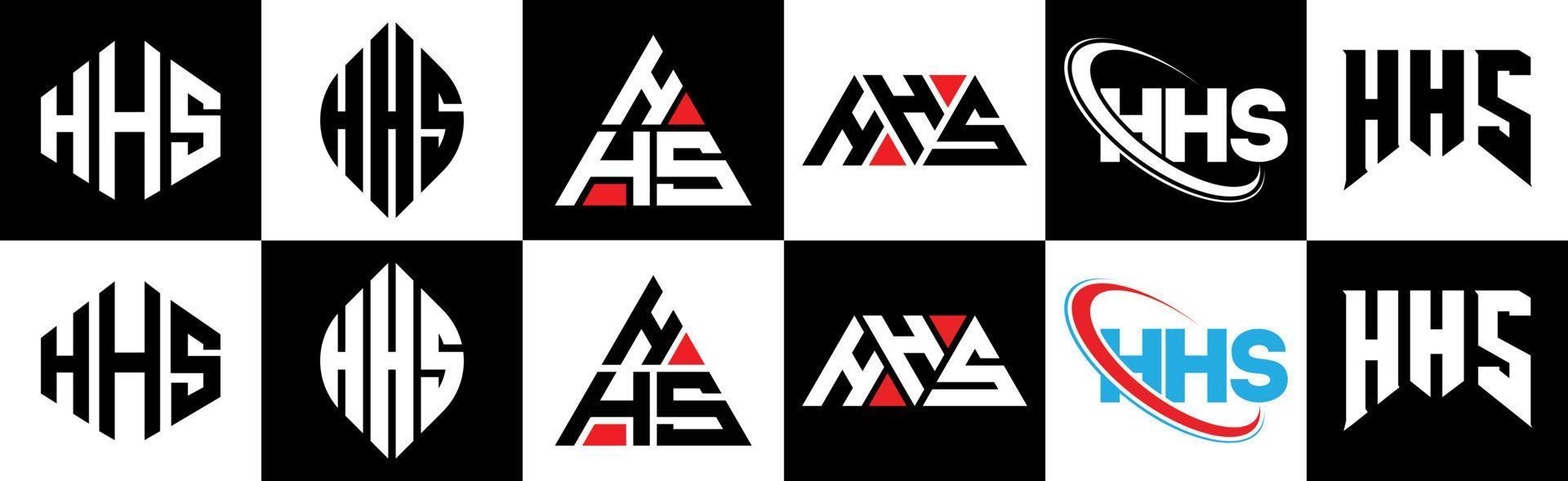 HHS letter logo design in six style. HHS polygon, circle, triangle, hexagon, flat and simple style with black and white color variation letter logo set in one artboard. HHS minimalist and classic logo vector