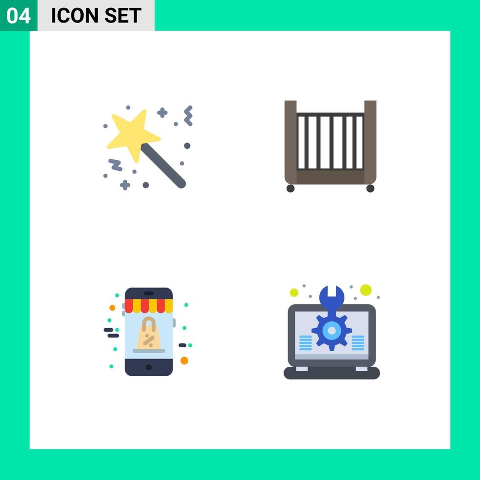 paquete de interfaz de usuario de 4 iconos planos básicos de compras mágicas cama sorpresa elementos de diseño vectorial editables móviles vector