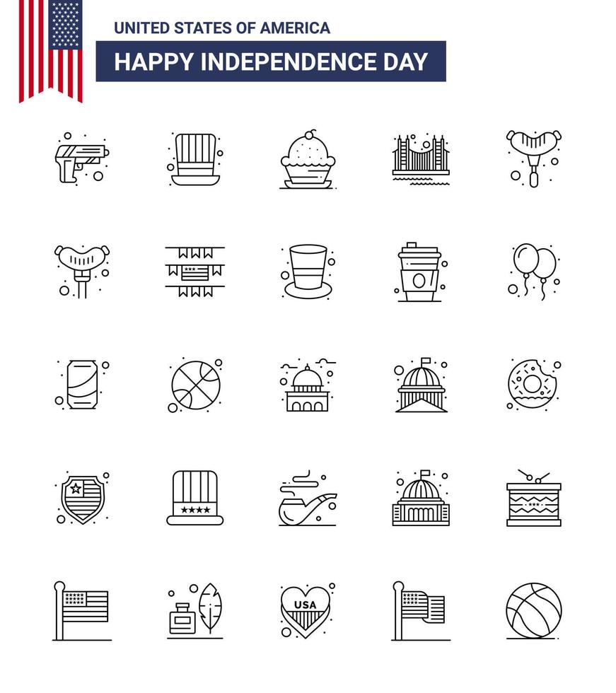 25 Line Signs for USA Independence Day tourism golden cake gate thanksgiving Editable USA Day Vector Design Elements