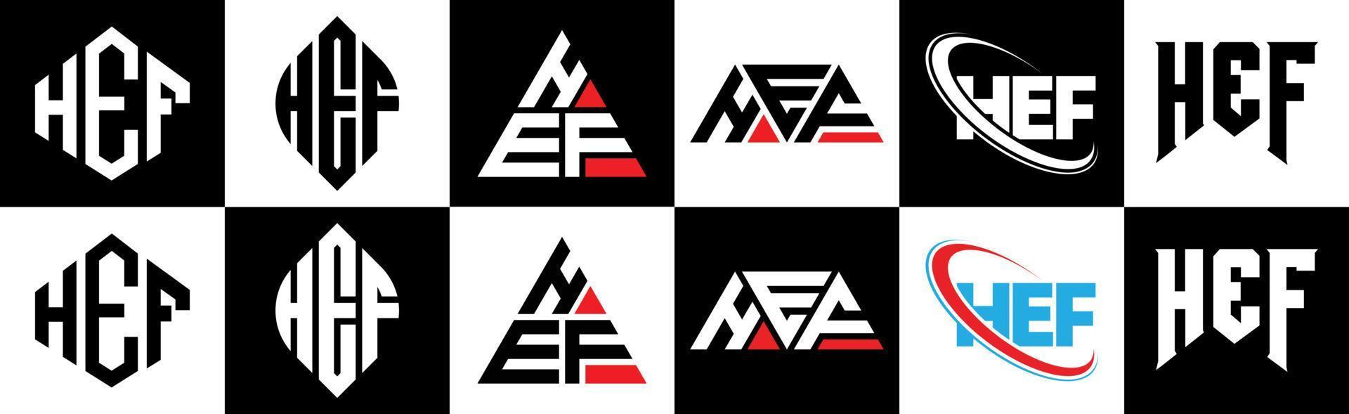 diseño de logotipo de letra hef en seis estilos. hef polígono, círculo, triángulo, hexágono, estilo plano y simple con logotipo de letra de variación de color blanco y negro en una mesa de trabajo. hef logotipo minimalista y clásico vector