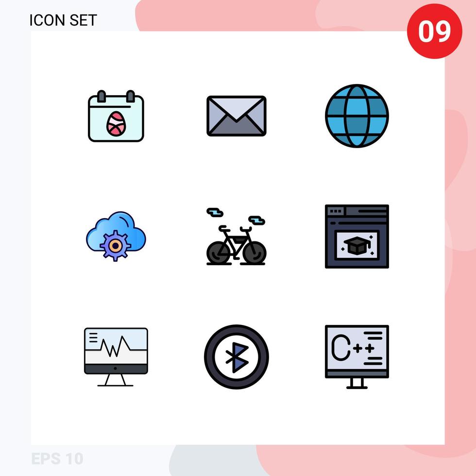Modern Set of 9 Filledline Flat Colors and symbols such as transport computing communication gear cloud Editable Vector Design Elements