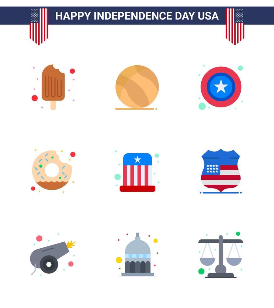 paquete de 9 pisos creativos relacionados con el día de la independencia de EE. UU. De entretenimiento comida hombres delicioso donut editable elementos de diseño vectorial del día de EE. UU. vector