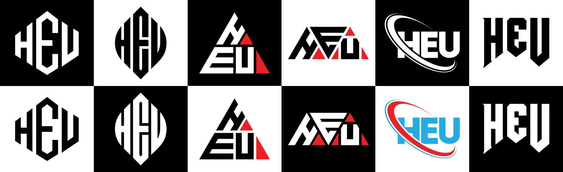 diseño del logotipo de la letra heu en seis estilos. heu polígono, círculo, triángulo, hexágono, estilo plano y simple con logotipo de letra de variación de color blanco y negro en una mesa de trabajo. heu logotipo minimalista y clásico vector