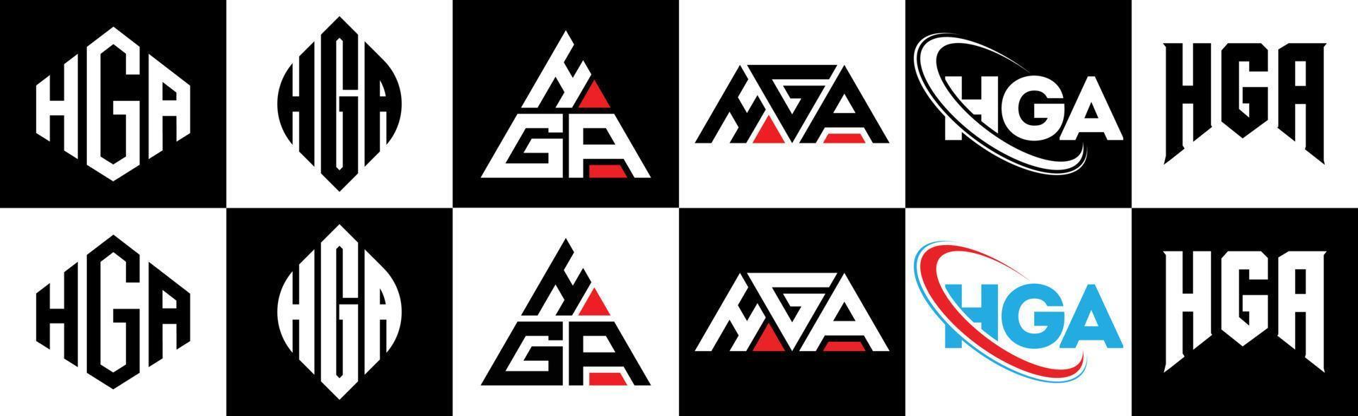 HGA letter logo design in six style. HGA polygon, circle, triangle, hexagon, flat and simple style with black and white color variation letter logo set in one artboard. HGA minimalist and classic logo vector