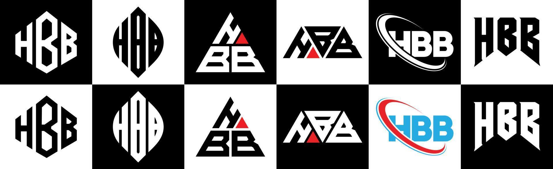 diseño de logotipo de letra hbb en seis estilos. polígono hbb, círculo, triángulo, hexágono, estilo plano y simple con logotipo de letra de variación de color blanco y negro en una mesa de trabajo. logotipo minimalista y clásico de hbb vector