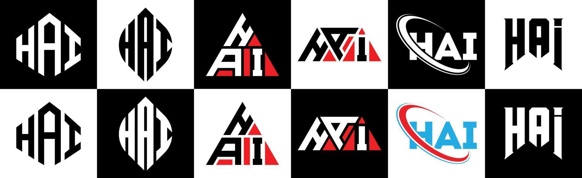 HAI letter logo design in six style. HAI polygon, circle, triangle, hexagon, flat and simple style with black and white color variation letter logo set in one artboard. HAI minimalist and classic logo vector