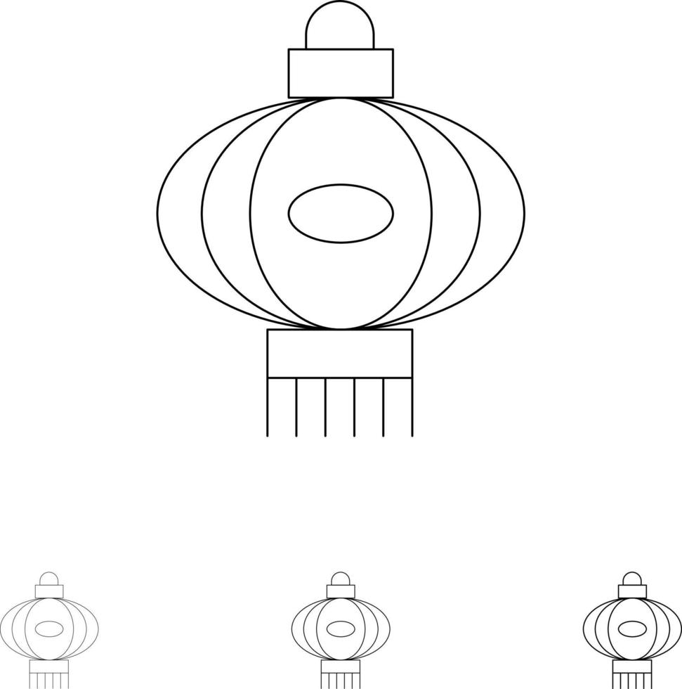 linterna luz china chino audaz y delgada línea negra conjunto de iconos vector
