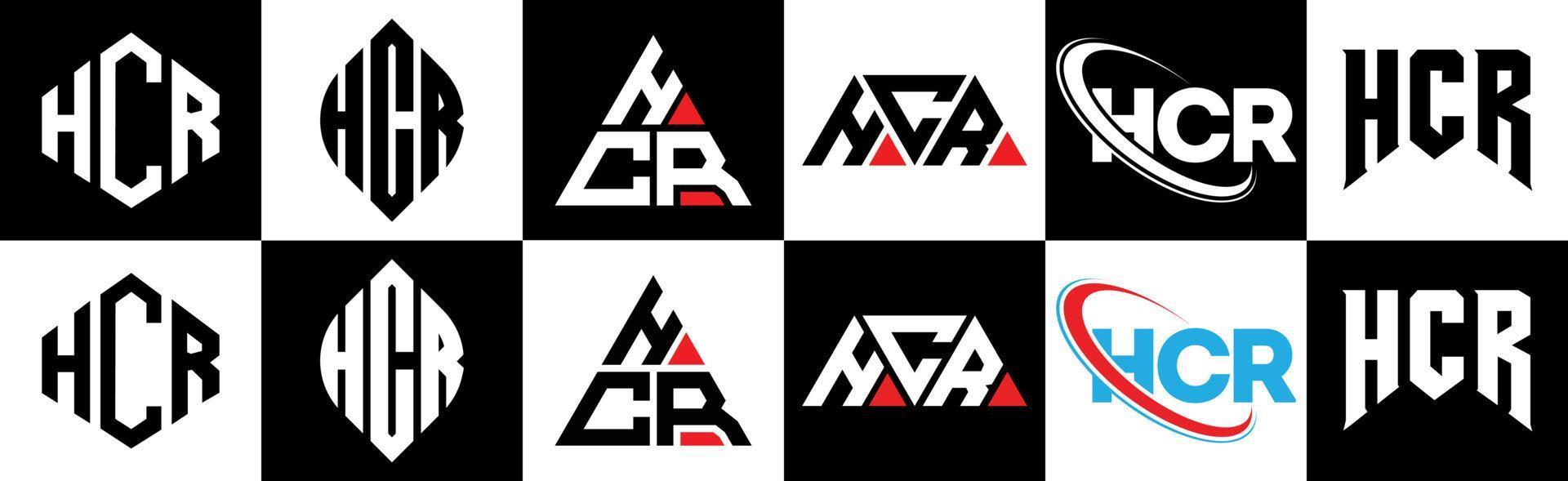 HCR letter logo design in six style. HCR polygon, circle, triangle, hexagon, flat and simple style with black and white color variation letter logo set in one artboard. HCR minimalist and classic logo vector