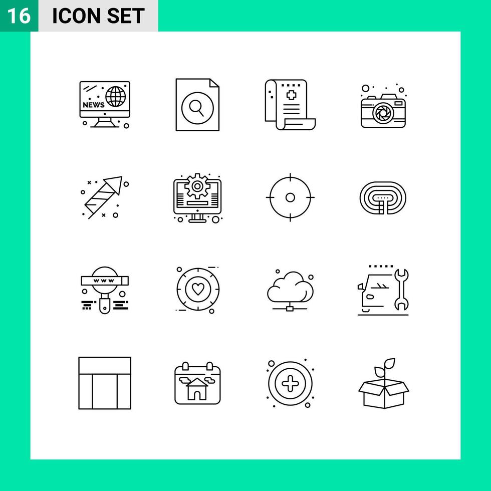 16 Universal Outline Signs Symbols of fireworks capture history picture camera Editable Vector Design Elements