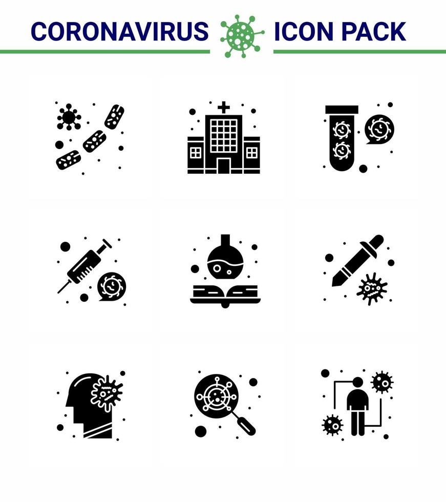 Coronavirus Awareness icon 9 Solid Glyph Black icons icon included  vaccine medicine hospital coronavirus tubes viral coronavirus 2019nov disease Vector Design Elements