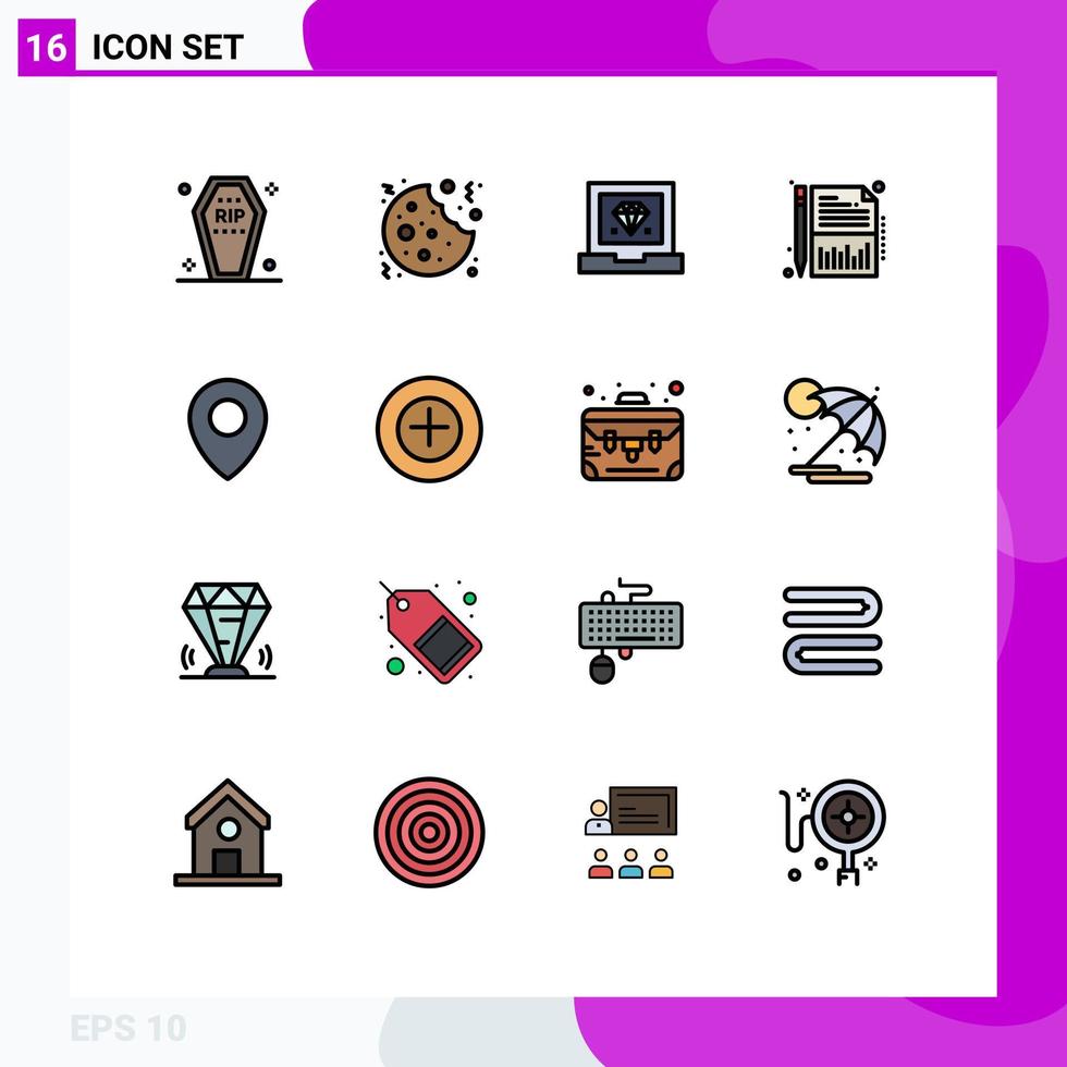 Universal Icon Symbols Group of 16 Modern Flat Color Filled Lines of location report sweet financial programming Editable Creative Vector Design Elements