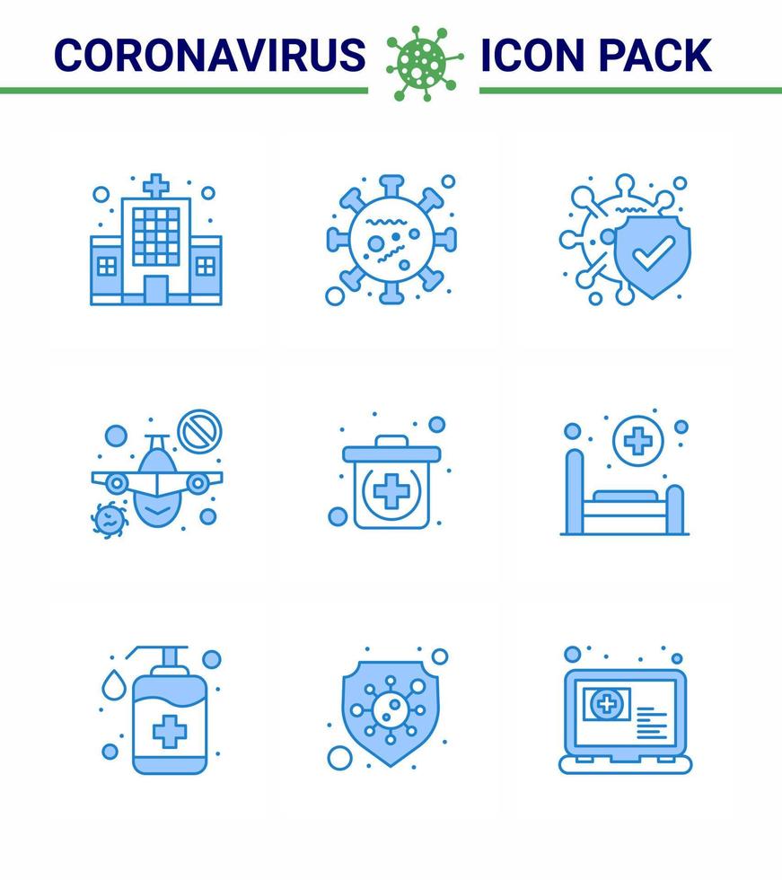 Covid19 Protection CoronaVirus Pendamic 9 Blue icon set such as emergency travel microorganism prohibit safe viral coronavirus 2019nov disease Vector Design Elements