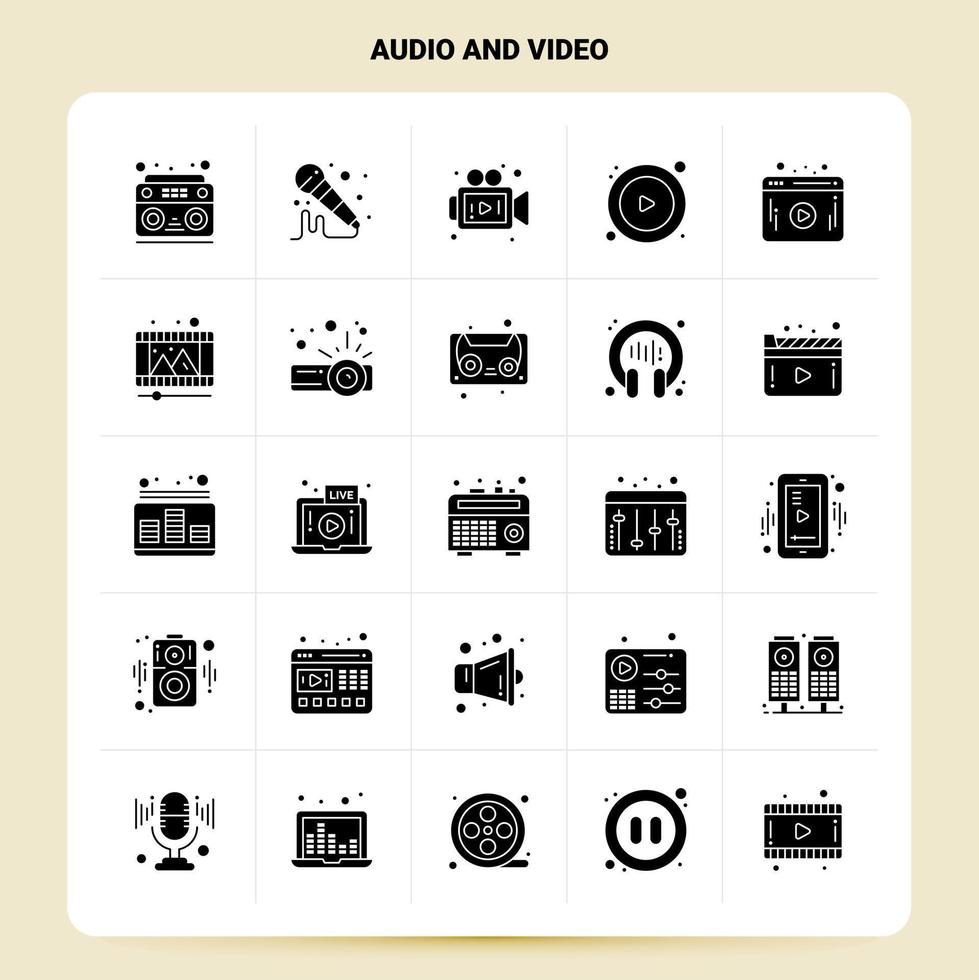Solid 25 Audio And Video Icon set Vector Glyph Style Design Black Icons Set Web and Mobile Business ideas design Vector Illustration