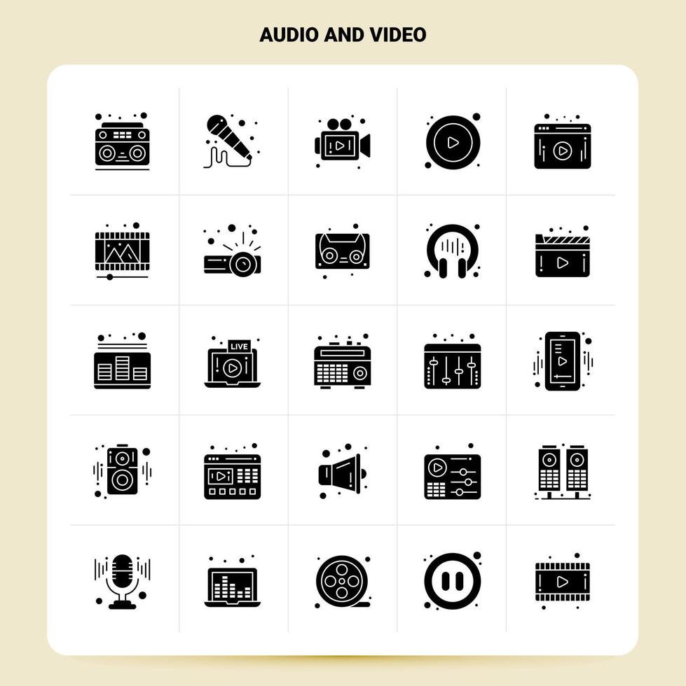 sólido 25 conjunto de iconos de audio y video diseño de estilo de glifo vectorial conjunto de iconos negros diseño de ideas de negocios web y móvil ilustración vectorial vector