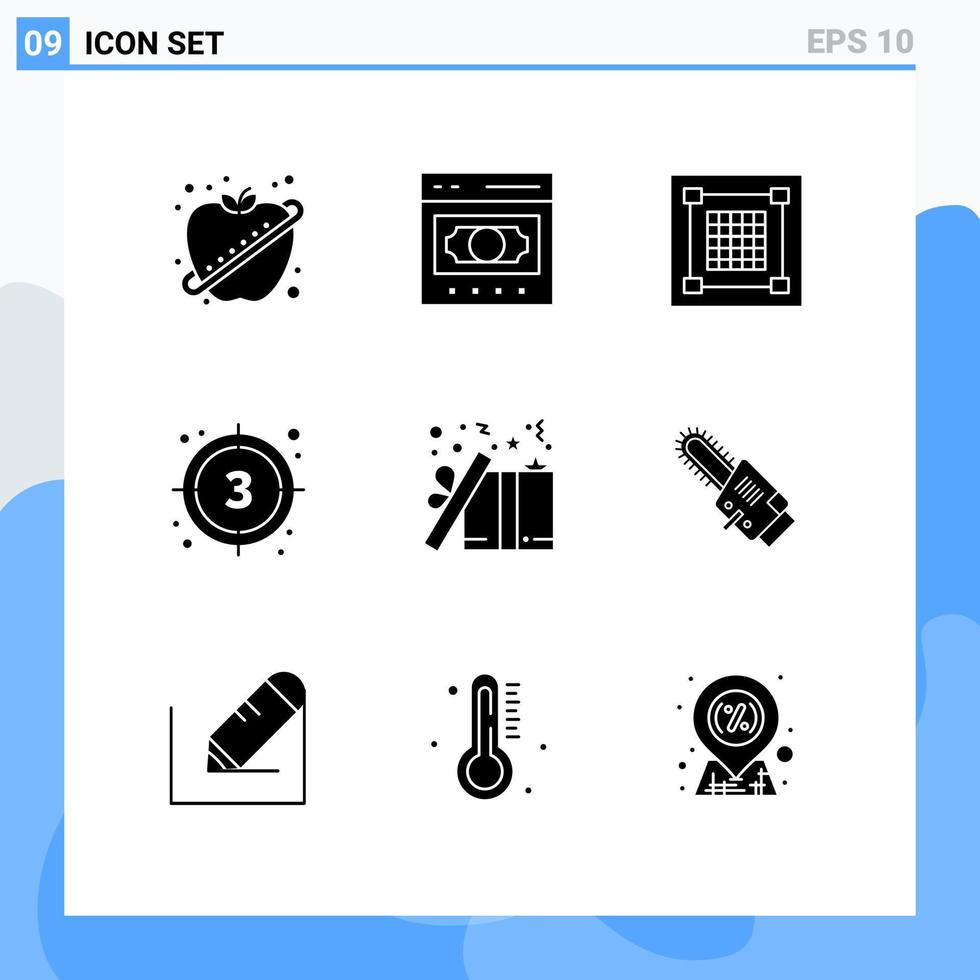 Set of 9 Vector Solid Glyphs on Grid for start film online countdown graphic Editable Vector Design Elements