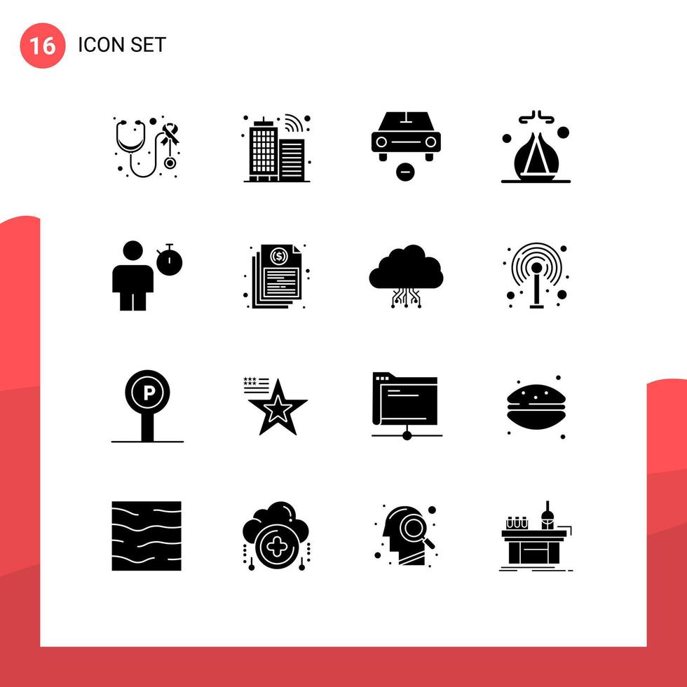 Set of 16 Vector Solid Glyphs on Grid for human avatar delete spa incense Editable Vector Design Elements