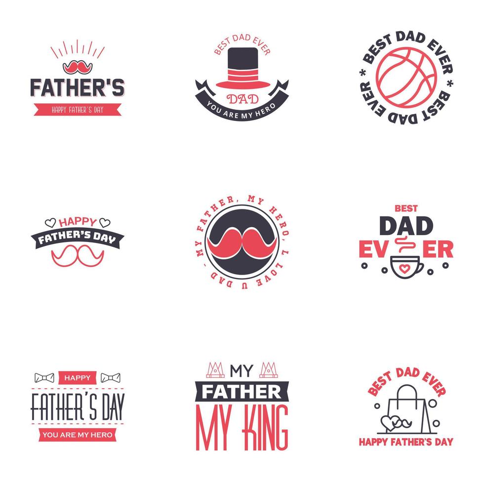 feliz día del padre saludo mano letras insignias 9 negro y rosa error tipográfico aislado en blanco plantilla de diseño de tipografía para cartel banner tarjeta de regalo camiseta impresión etiqueta pegatina estilo retro vintage vector