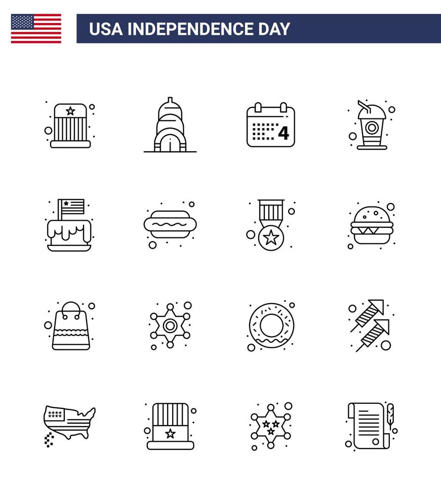 Set of 16 USA Day Icons American Symbols Independence Day Signs for independence festival day soda cola Editable USA Day Vector Design Elements