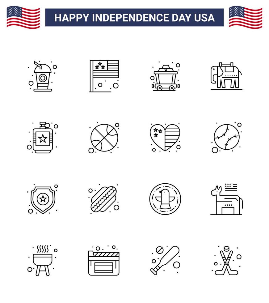 paquete de 16 líneas de celebración del día de la independencia de EE. UU. Signos y símbolos del 4 de julio, como carrito de bebidas de moda, elementos de diseño vectorial del día de EE. UU. editables alcohólicos estadounidenses vector