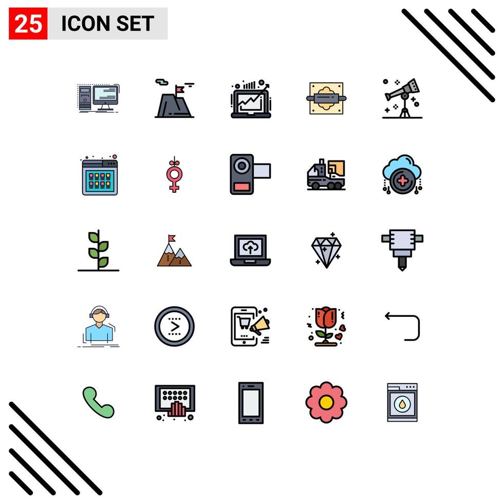 25 Universal Filled line Flat Colors Set for Web and Mobile Applications bread rolling achievement profit grow Editable Vector Design Elements