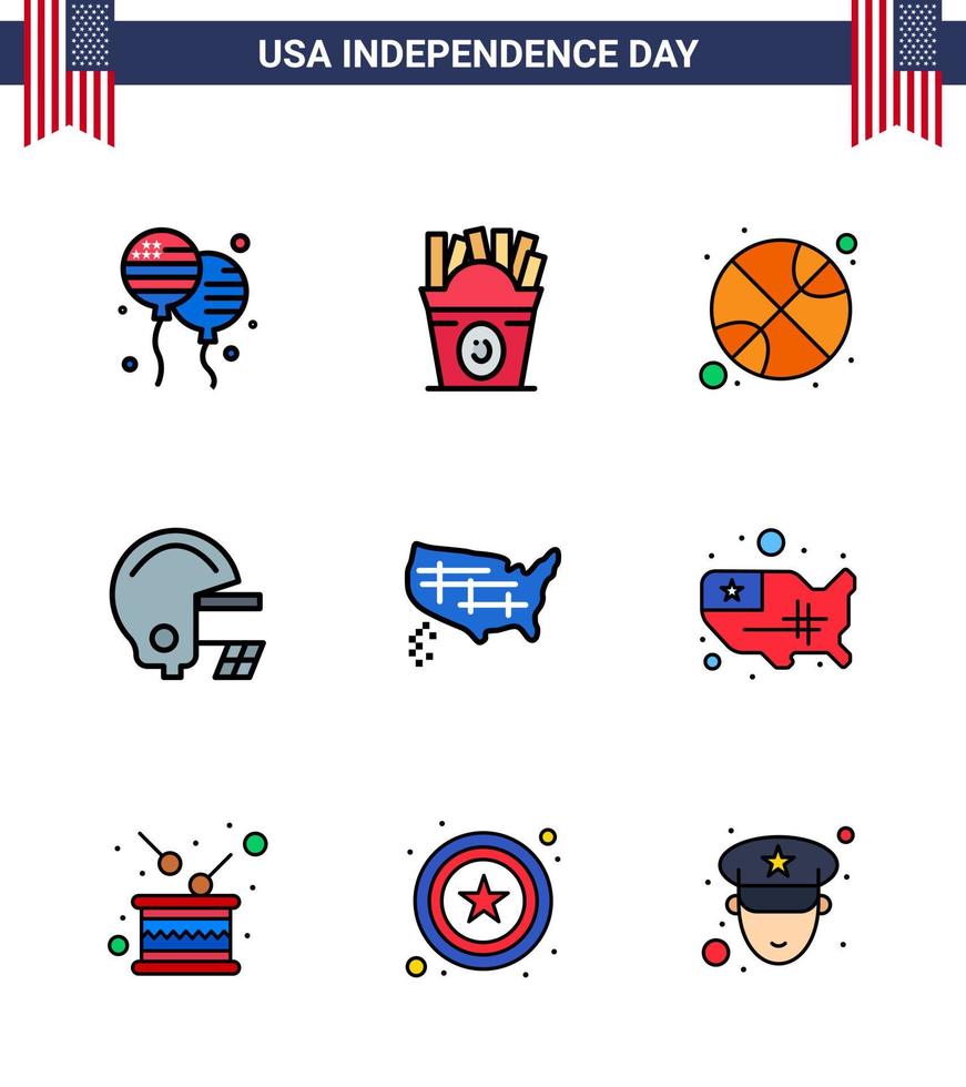 paquete de 9 signos de líneas rellenas planas de celebración del día de la independencia de EE. UU. Y símbolos del 4 de julio, como casco de baloncesto de mapa unido, elementos de diseño de vector de día de EE. UU. editables estadounidenses