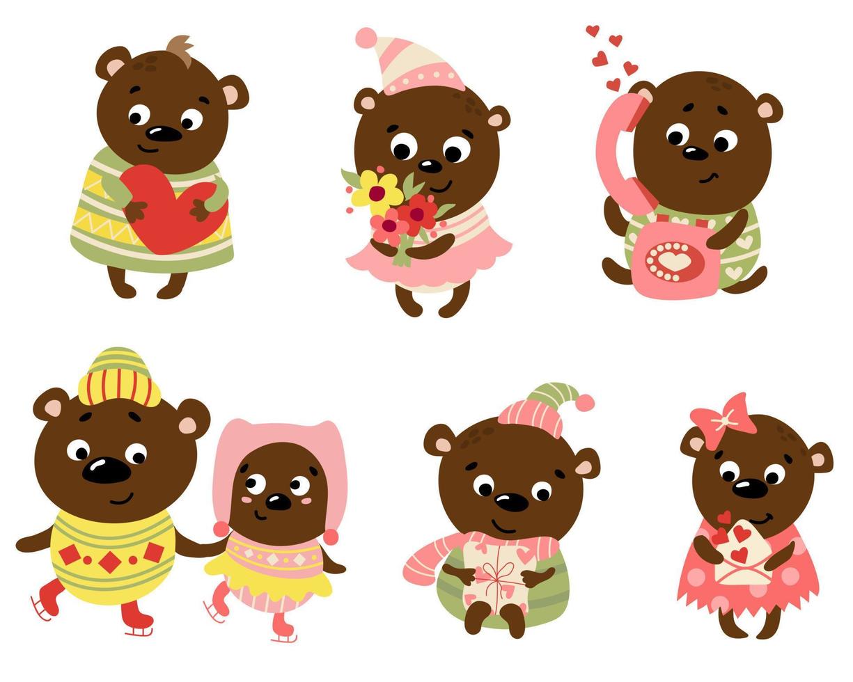 Set of Valentine Bears. Drawn style. White background, isolate. Vector illustration.