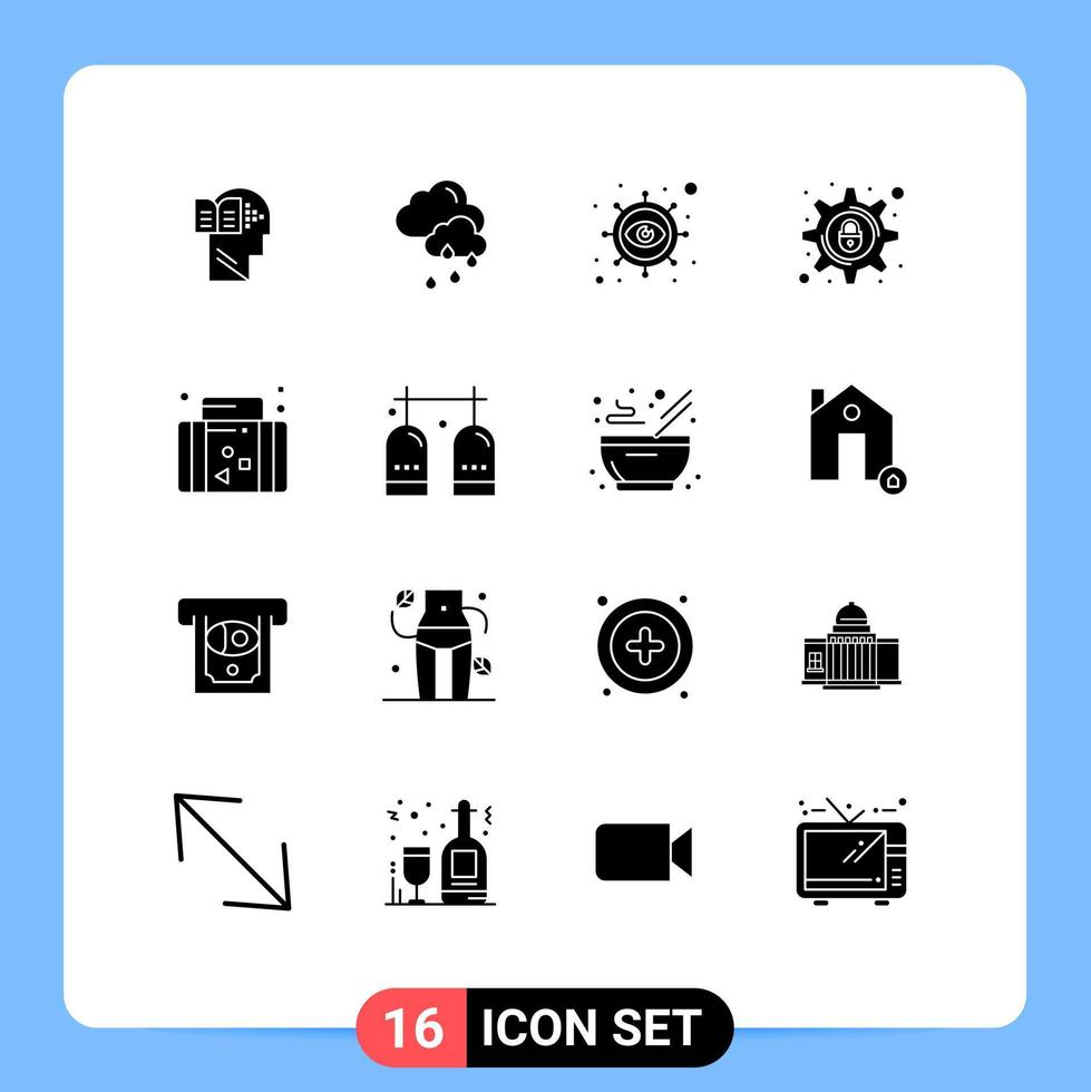 Mobile Interface Solid Glyph Set of 16 Pictograms of summer holiday eye setting lock Editable Vector Design Elements