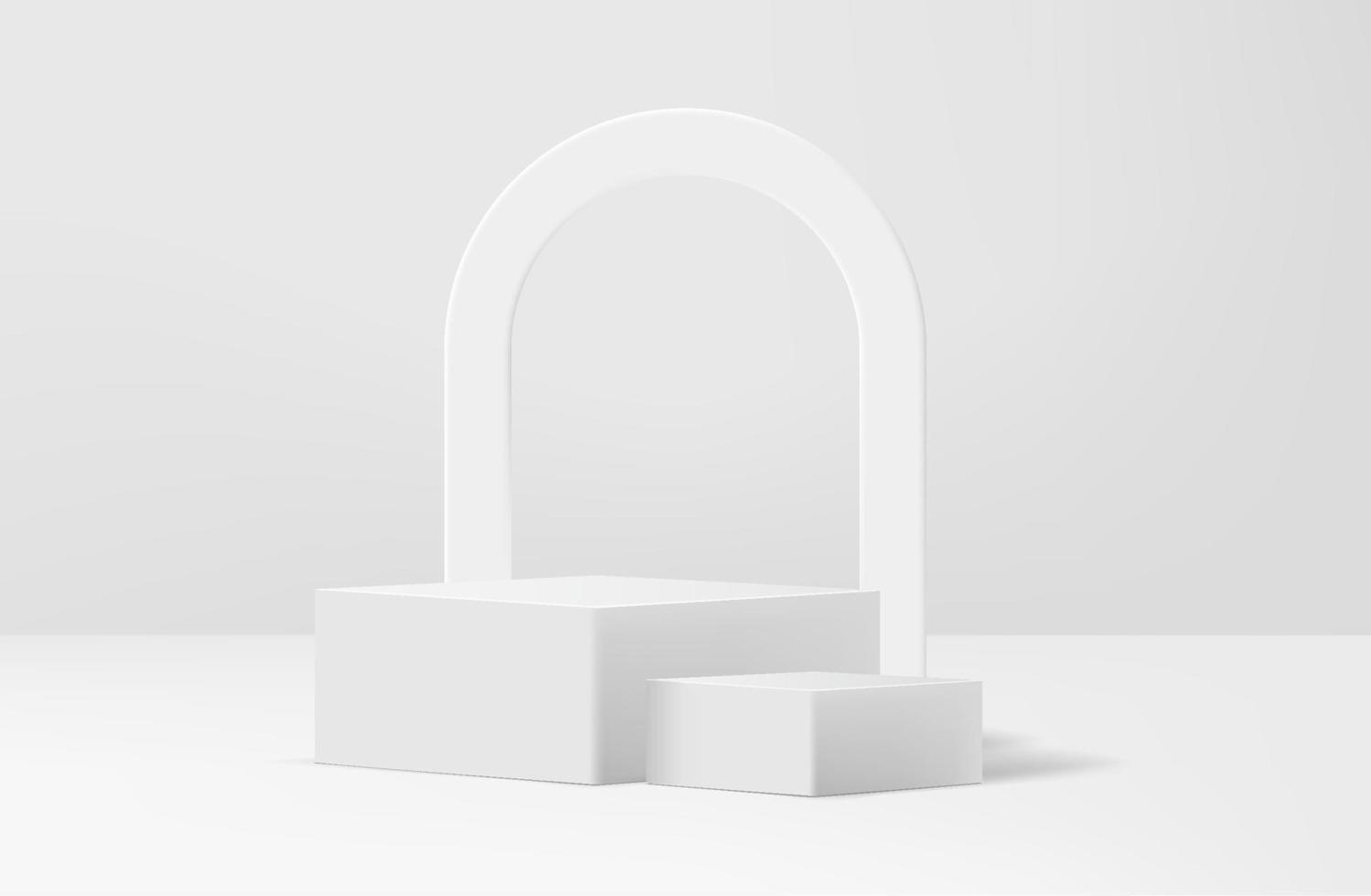Abstract white realistic 3d corner cube pedestal podium with arch shape backdrop and shadow overlay. Abstract vector rendering geometric platform. Product display presentation. Minimal scene show case