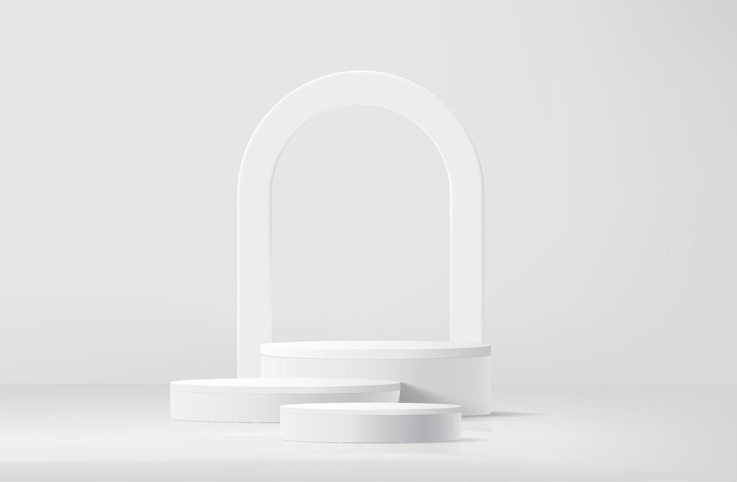 Abstract white realistic 3d cylinder pedestal podium with arch shape backdrop. Abstract vector rendering geometric platform with shadow overlay. Product display presentation. Minimal scene.