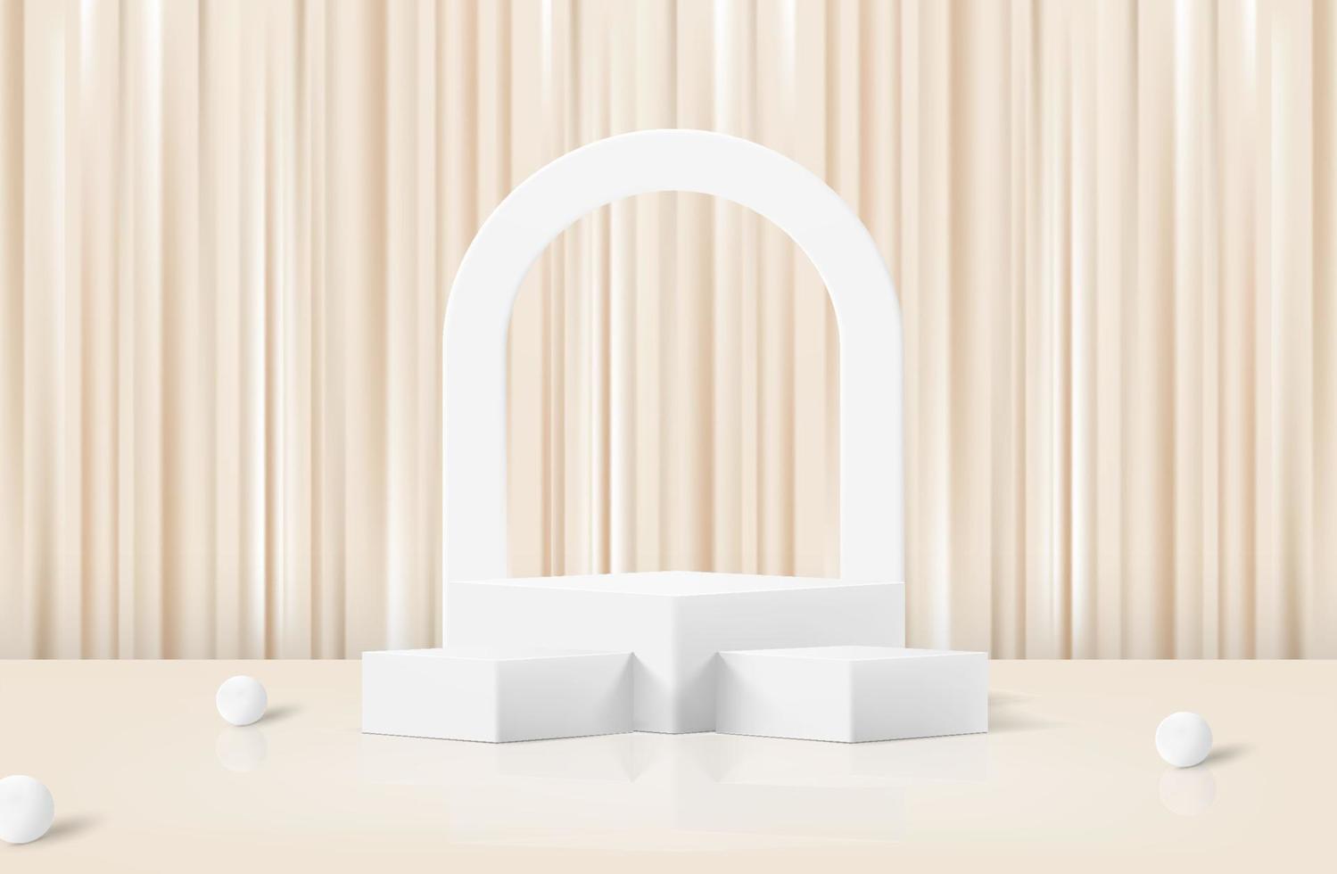 Abstract white realistic 3d cylinder pedestal podium with fabric backdrop. Abstract vector rendering geometric platform with shadow overlay. Product display presentation. Minimal scene.