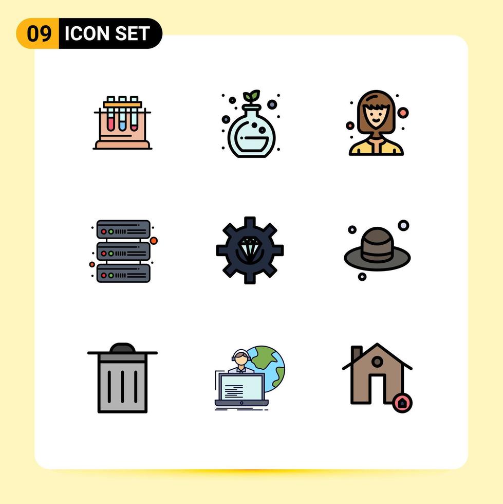 Group of 9 Modern Filledline Flat Colors Set for programming development female student develop network Editable Vector Design Elements